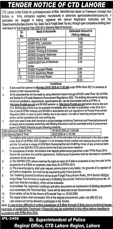 CTD Lahore Tender Notice